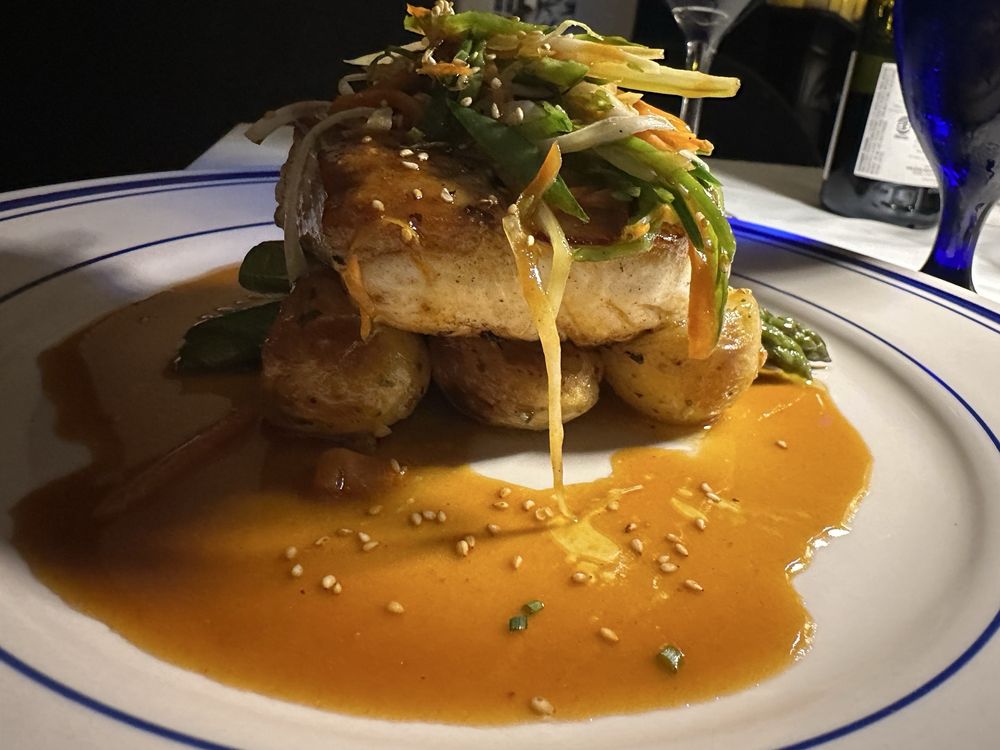 Seared halibut at Maison Bleue